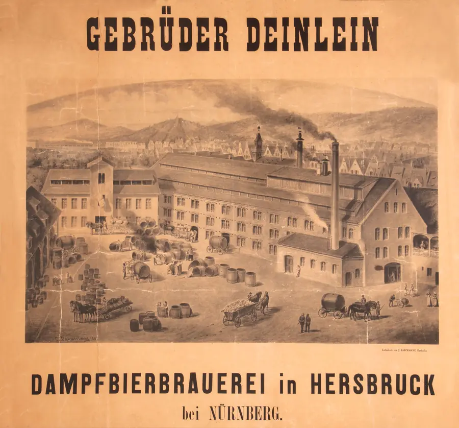 Altes Plakat: Gebrüder Deinlein Dampfbierbrauerei in Hersbruck bei Nürnberg, mit Ansicht der Brauerei